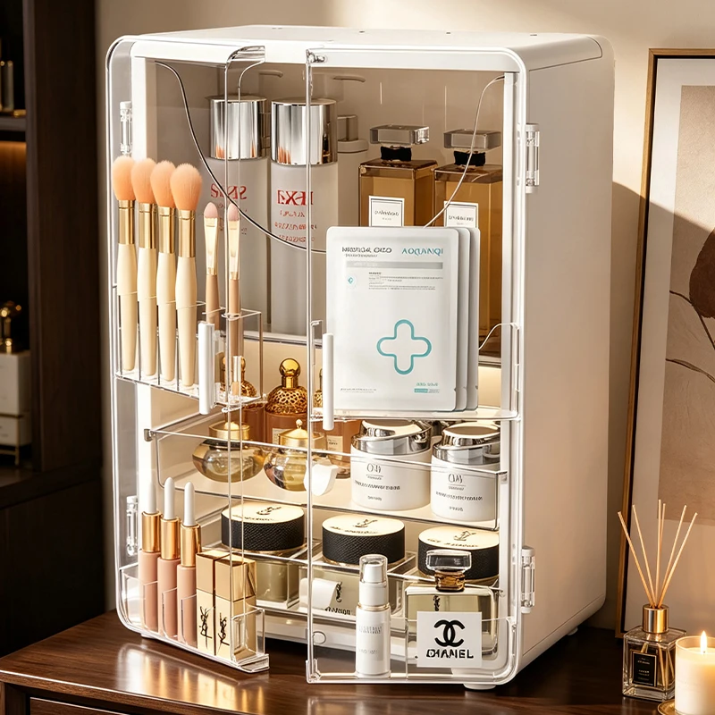 Large Cosmetics Storage Box with Mirror Desktop Dressing Table Dust-proof Makeup Organizer Cabinet Skincare Organizer Boxes