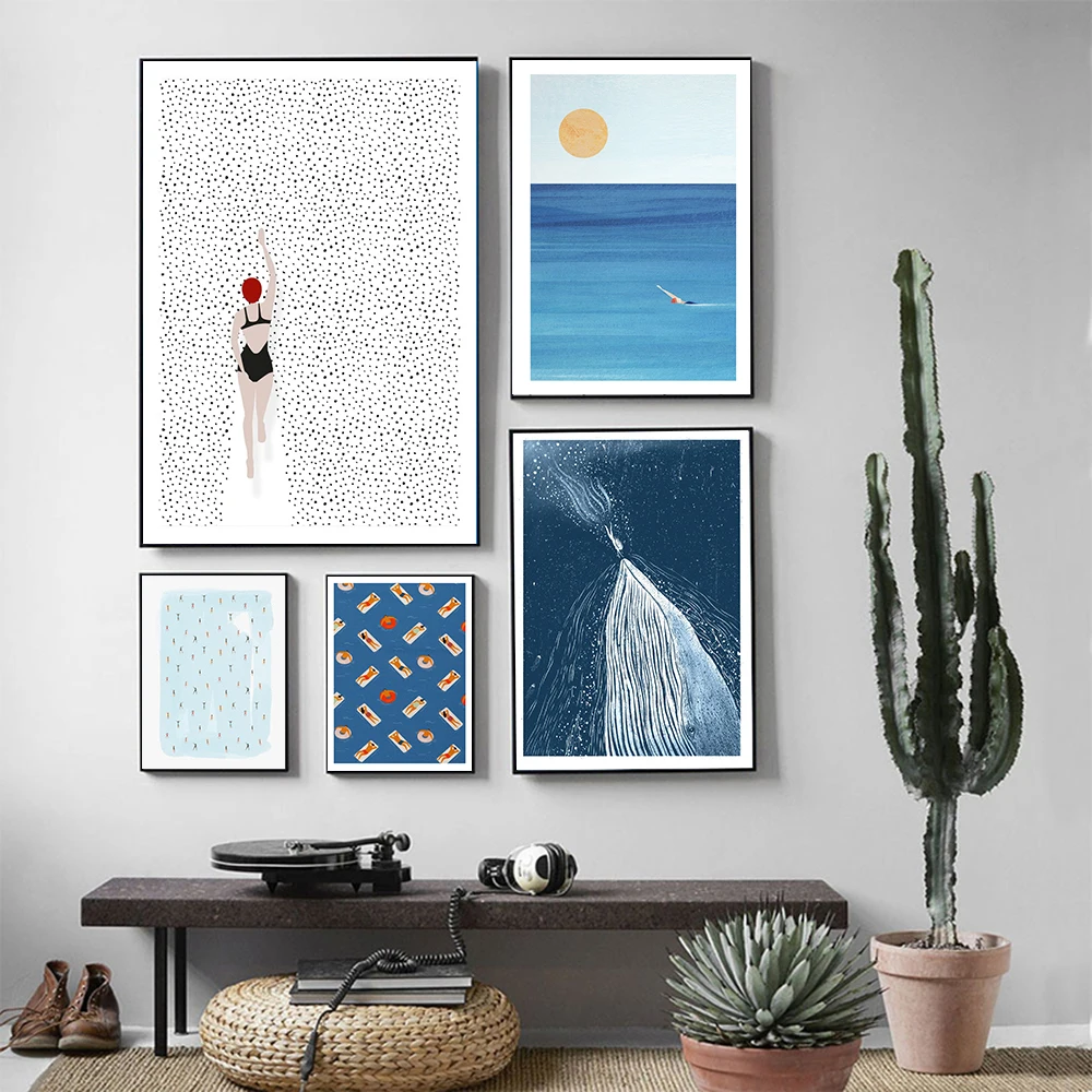 Summer Sea Swim Poster Open-Water Pool Canvas Painting Abstract Diving Whale Art Print Minimalist Wall Picture Living Room Decor