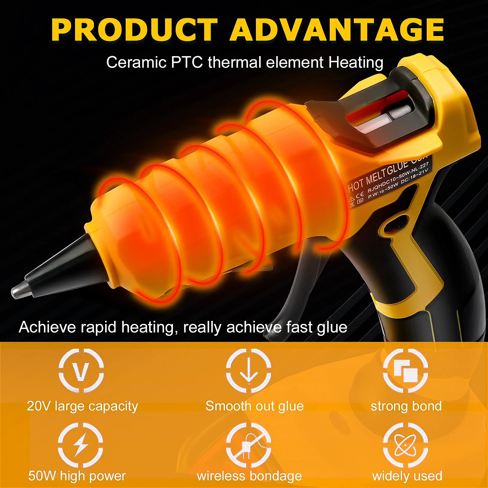 RexLeLXB 50W Cordless Hot Glue Gun Handheld Quick Heating Hot Melt Glue Gun with 30pcs 7mm Sticks for Dewalt 20V Battery Pin