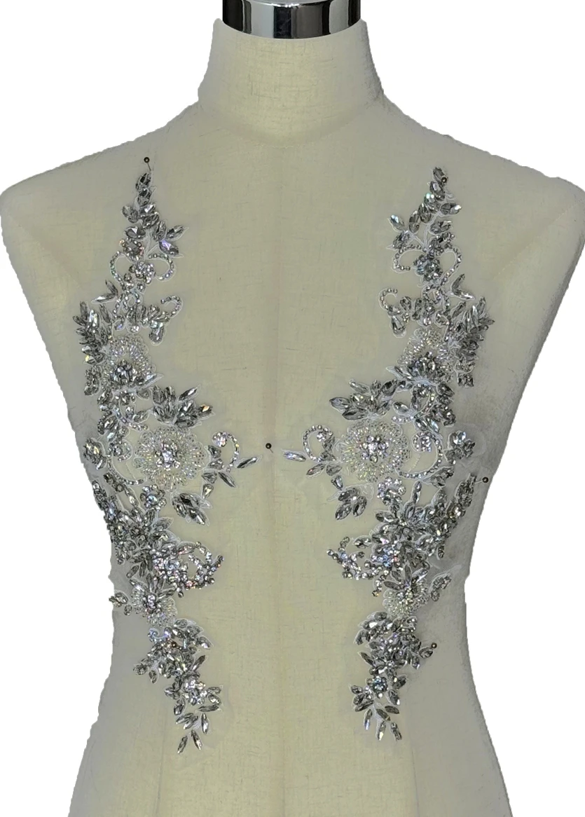 

HelluyerDc silver,gold,champgane,AB rhinestones beaded applique patch,14cm*40cm sew on for hats,belt,clothing,shoses 3D flowers