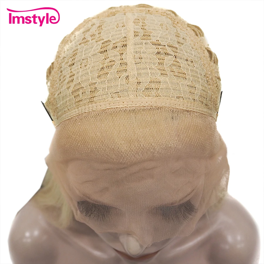 Imstyle-peluca rubia sintética con malla frontal para mujer, cabellera lisa de Color resaltado, fibra resistente al calor, para Cosplay diario