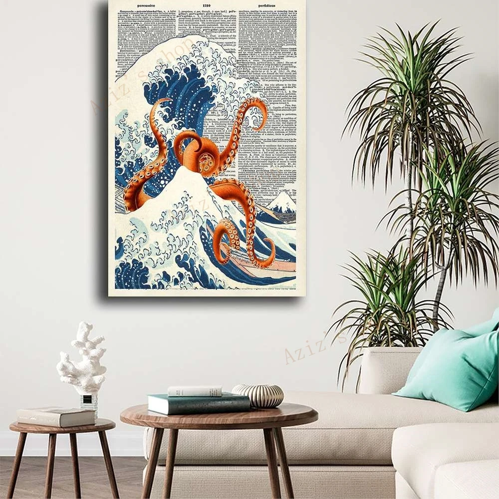 Kanagawa Ukiyo-e's Big Waves Poster Octopus Print Art Vintage Japanese Decorative Wall Canvas Living Room Decor on Dictionary