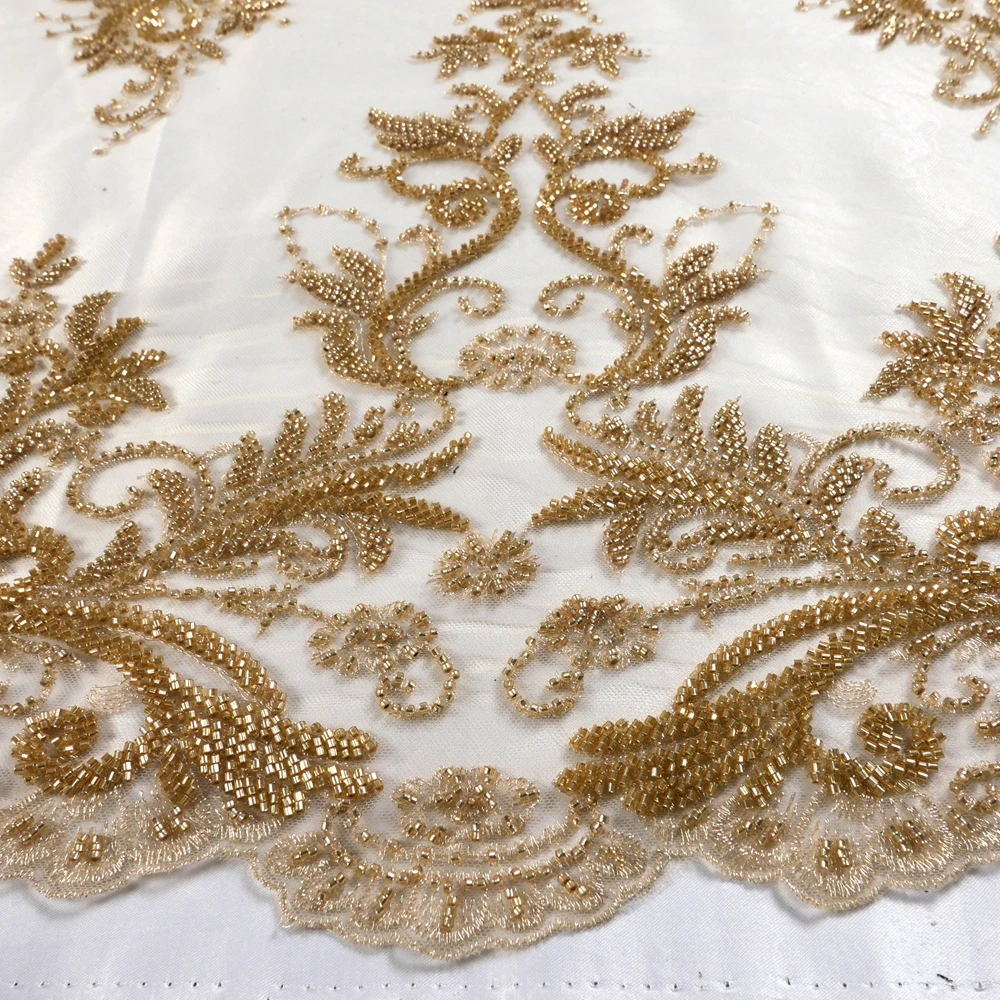 HelluyerDc Gold beaded lace fabric,large patterns,two sides are same easy to cut for wedding prom dress fabric by the yard