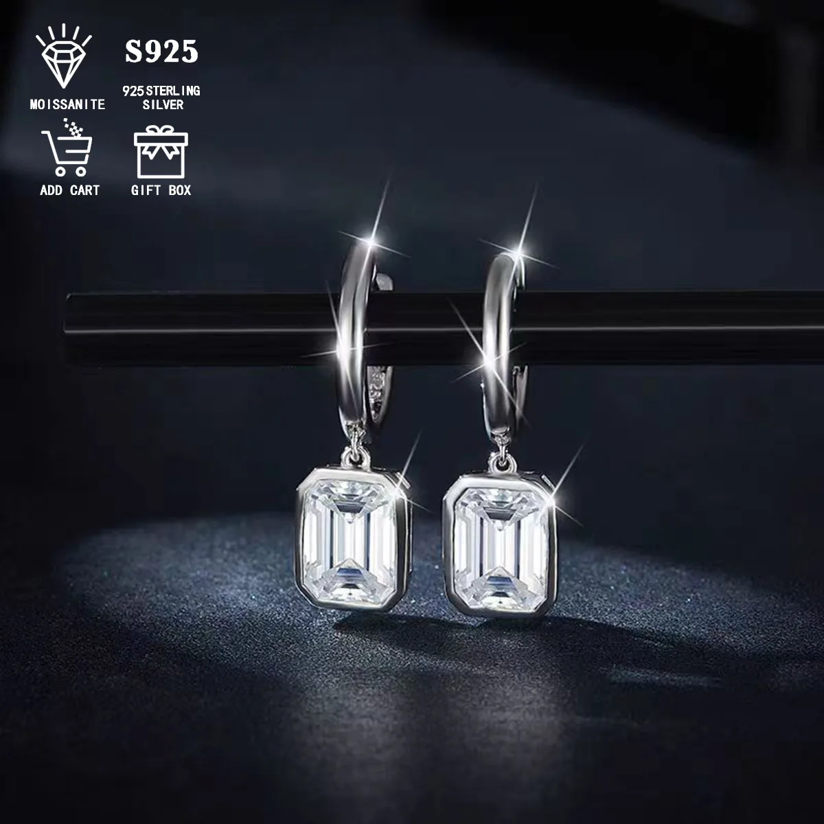 

Sterling Silver S925 Total 1.6ct Rectangular Moissanite Women's Earrings Fashion Luxurious High-end Bohemian Versatile Gift