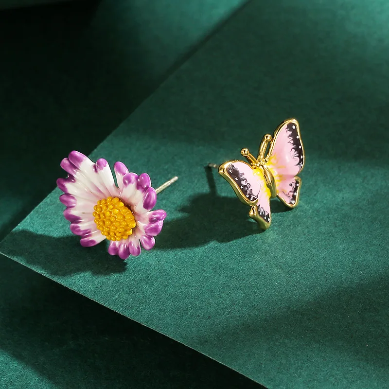 ArLea Butterfly Daisy Earrings for Women Hand Enamel Butterfly Earrings Original Design of Enamel Daisy Flower Earrings