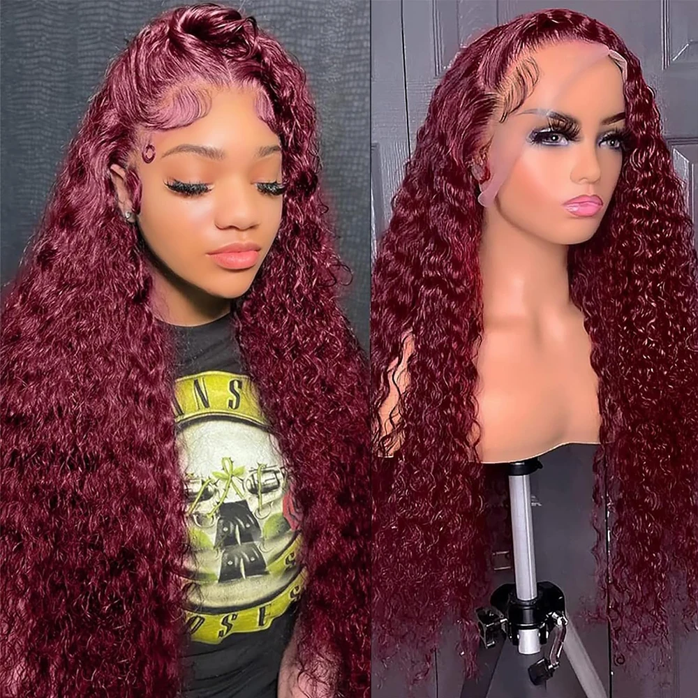 Wig renda Frontal manusia Burgundy, Wig Frontal 99J gelombang dalam prepked HD dalam keriting 13X4 renda Wig rambut manusia berwarna