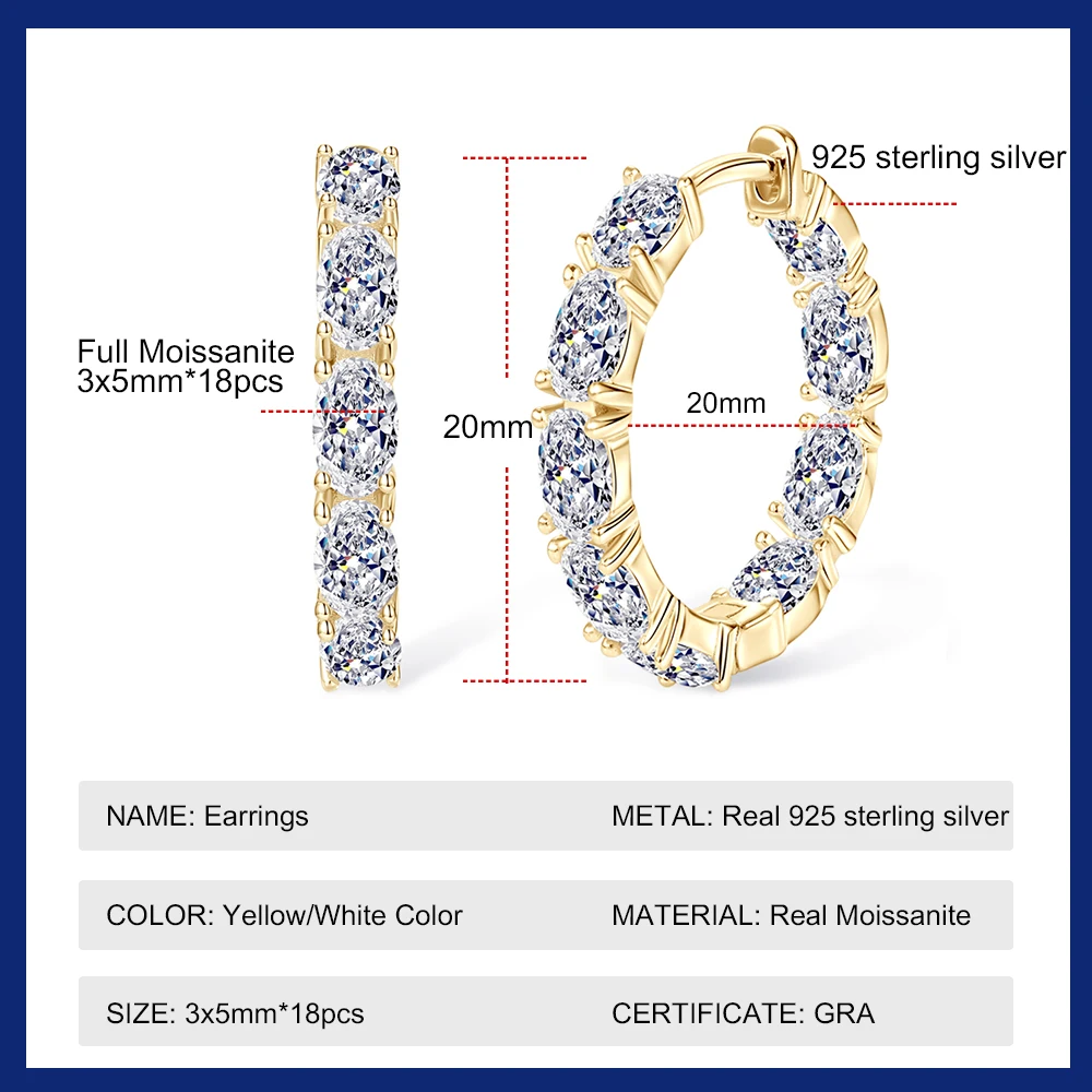 Each 3*5mm Oval Cut Moissanite Hoop Earrings Women Wedding 5.4CT Lab Diamond Classic Earring Pure S925 Silver Plated 18K Hoops