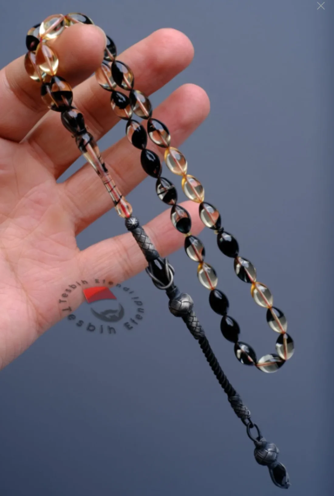 Smoked Transparent Fire Amber Prayer Beads with Silver Tassels, the most beautiful and original access, very special