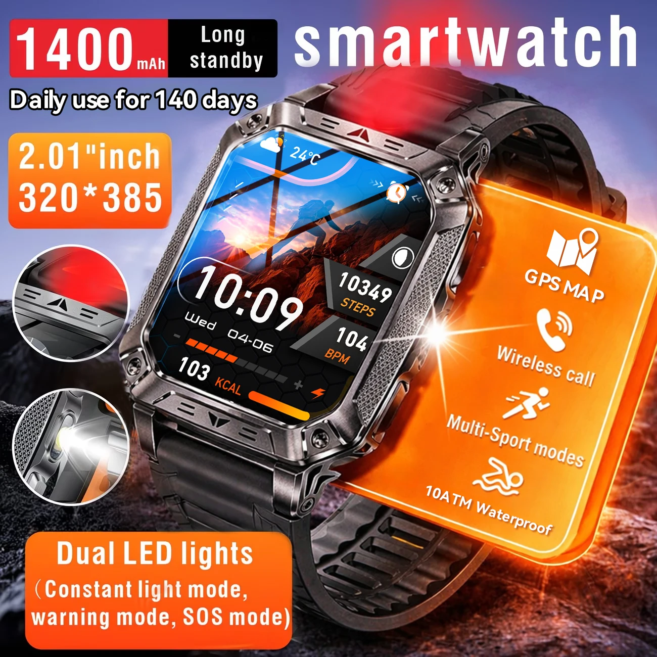 

Новые прочные смарт-часы 2026 года с аккумулятором 1400 мАч, GPS-картой, водонепроницаемостью 10ATM, 170+ видами спорта, измерением пульса, для активного отдыха, с LED-дисплеем, военные смарт-часы