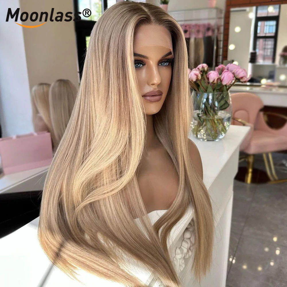 Ombre Ash Blonde Straight Wig 100% Human Hair 200% Density 13x6 Transparent Lace Front Wigs Natural Hairline Remy Wig For Women