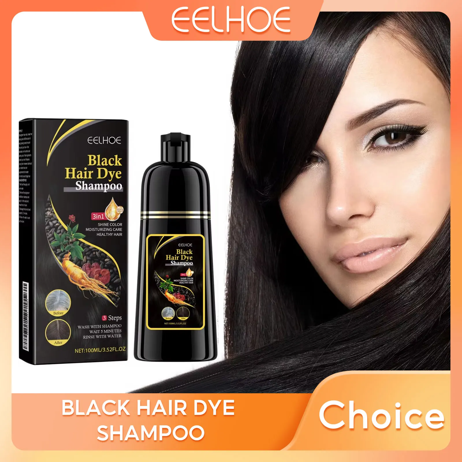 EELHOE Black Hair Dye Shampoo 3 in 1 Growth Clean Hair Darkening Deep Nourishing Black Hair Dye Shampoo Natural Organic Herbal