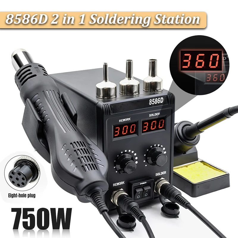 Stazione di Saldatura 8586D 2 in 1 con Doppio Display Digitale, Controllo Preciso della Temperatura, Riscaldamento Rapido, Alta Qualità per Riparazioni DIY e BGA