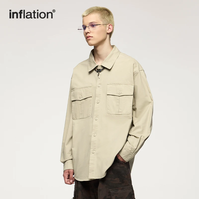 INFLATION Turn-Down Collar Long Sleeve Blouses Men Pockets Single-Breasted Vintage Cotton Outdoor Casual Shirt Top