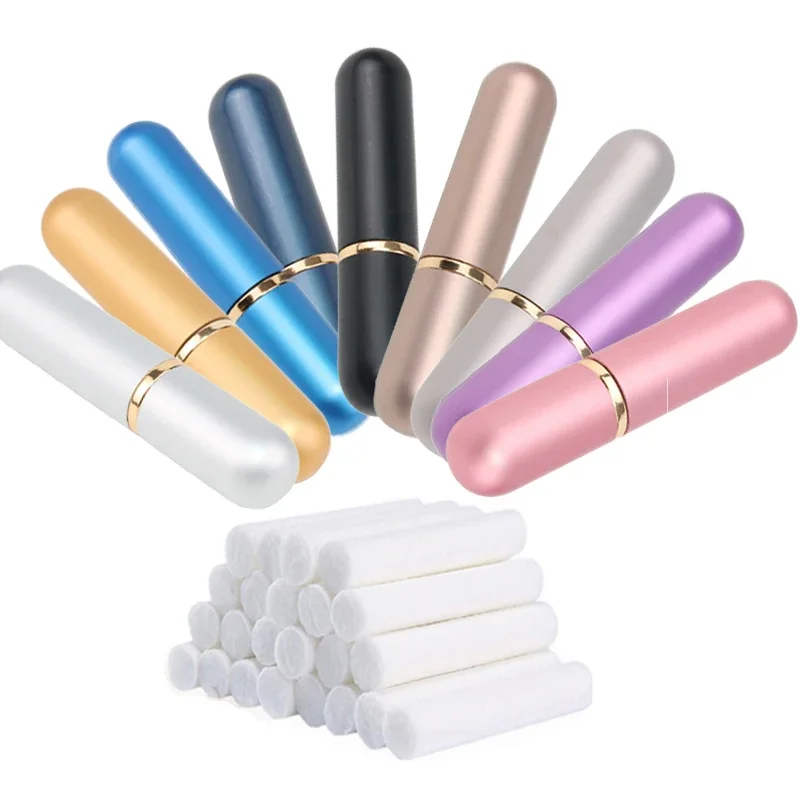 Inhalateurs nasaux en métal, 10 couleurs, pour huiles essentielles, aromathérapie, Tubes vides en aluminium avec mèche de remplacement pour parfum de voyage, 10 pièces