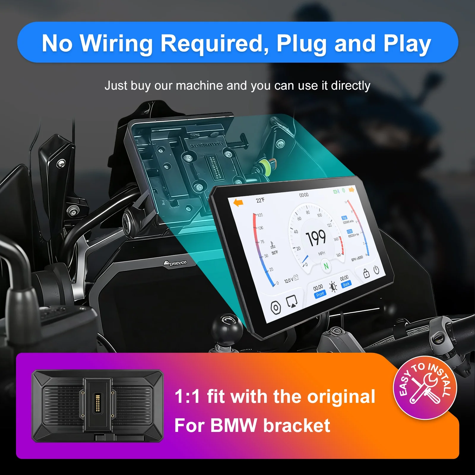 Écran de moto de 7 pouces pour BMW R1200GS, R1250GS, R1300GS et S1000XR, CarPlay et Android Auto sans fil, commande rotative au volant d'origine, système de surveillance de la pression des pneus (TPMS), dispositif de navigation pour moto résistant aux intempéries