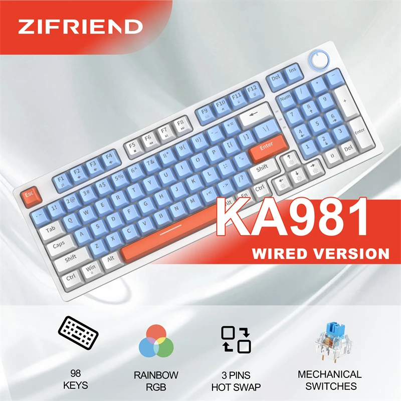 ZIFRIEND ZA981 98 Keys Machanical Keyboard 90% 100% Full Size Hot Swap RGB Backlit USB Wired PC Gaming Ergonomics Keycaps
