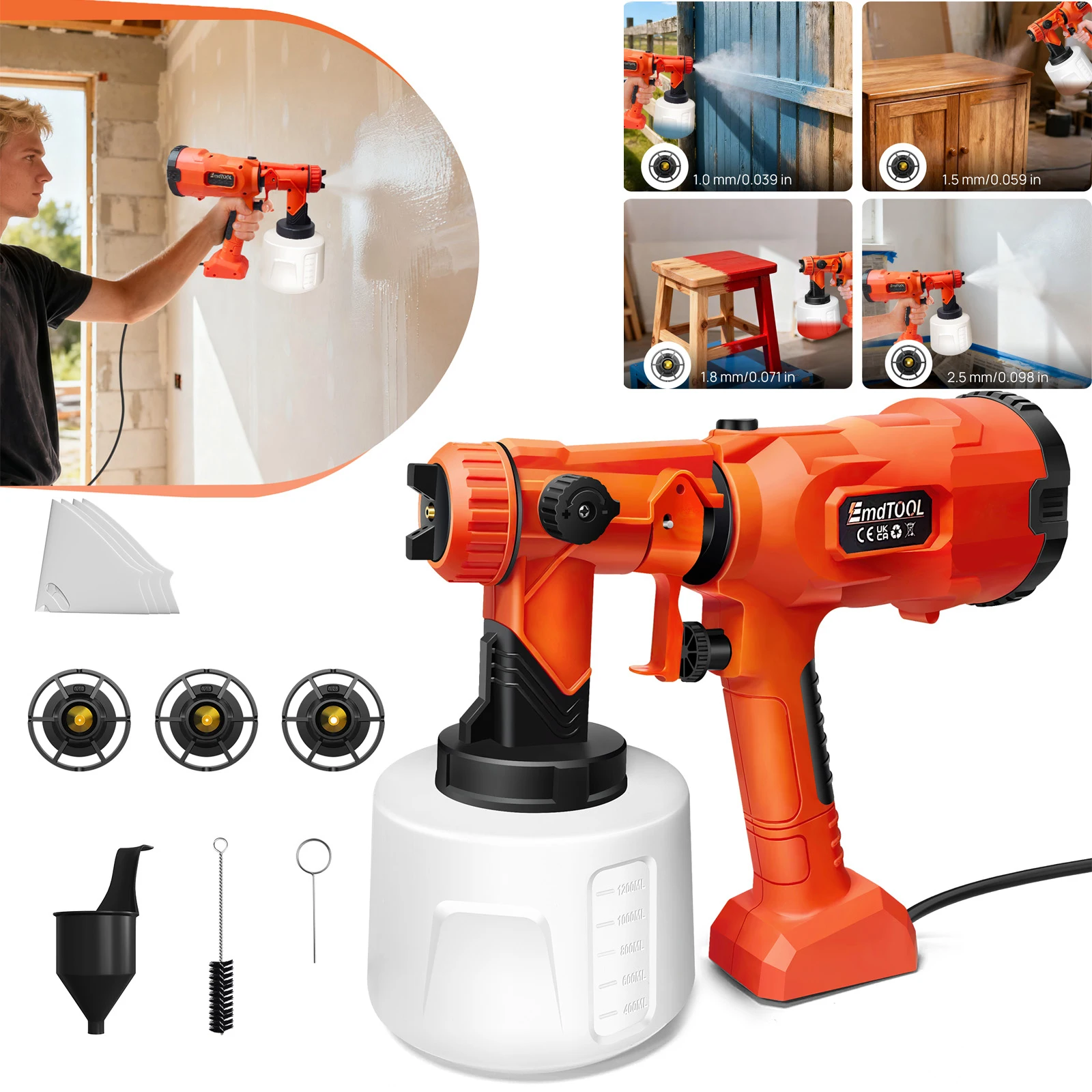 Pistola de pulverización de pintura eléctrica de 1200ml, 4 boquillas (1.0-2.5mm), 3 patrones ajustables, HVLP 1000W - para muebles, paredes, cercas