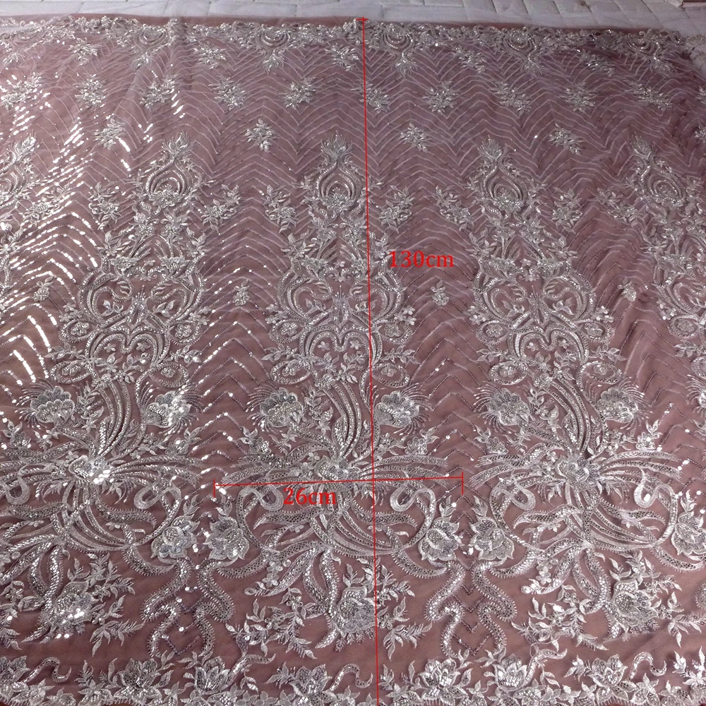HelluyerDC  Silvery beading lace fabric,One Side patterns lace for fashion,wedding,evening,dance gown by the yard