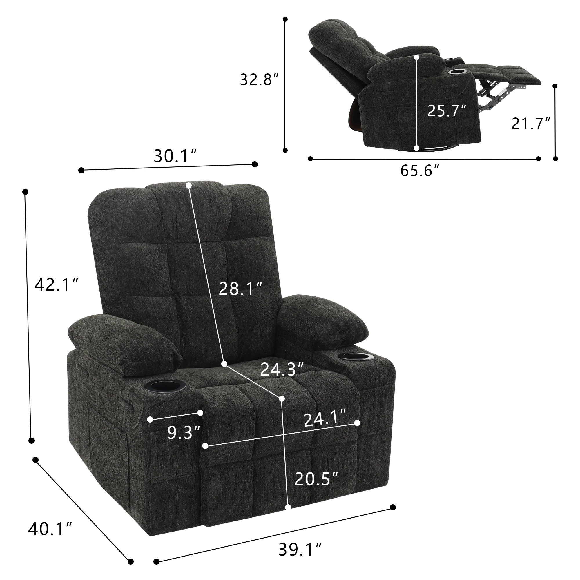 Manual Swivel Rocker Recliner Chair, Chenille Fabric Massage Recliner with 8‑Point Vibration Heating, Cup Holder & Side Pockets for Living Room
