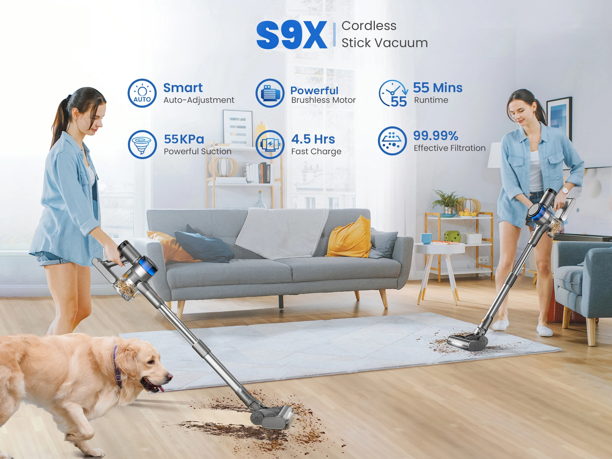 Inse S9X Akku-Staubsauger, 55 kPa, 55 Min., 1 l Staubbehälter, beleuchtetes Akkuanzeige, für Tierhaare, Teppiche – Detail 1