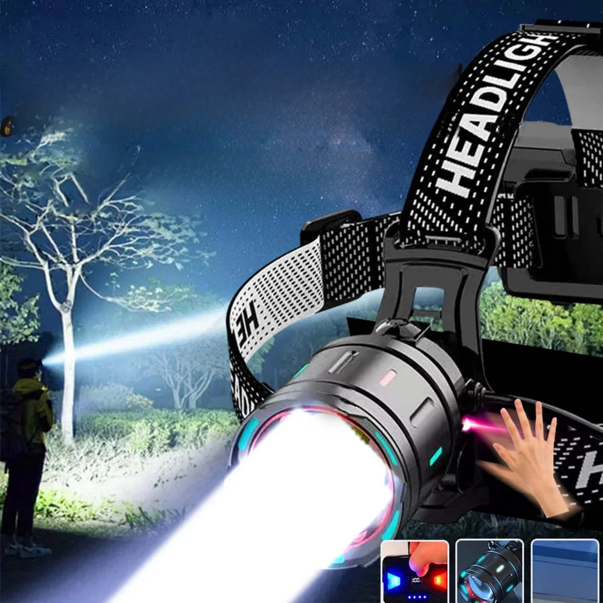 2025 New Super Powerful Headlamp 800W LED IR Sensor Headlight Rechargeable Head Flashlight 5000 Meter Head Lamp Fishing Lantern