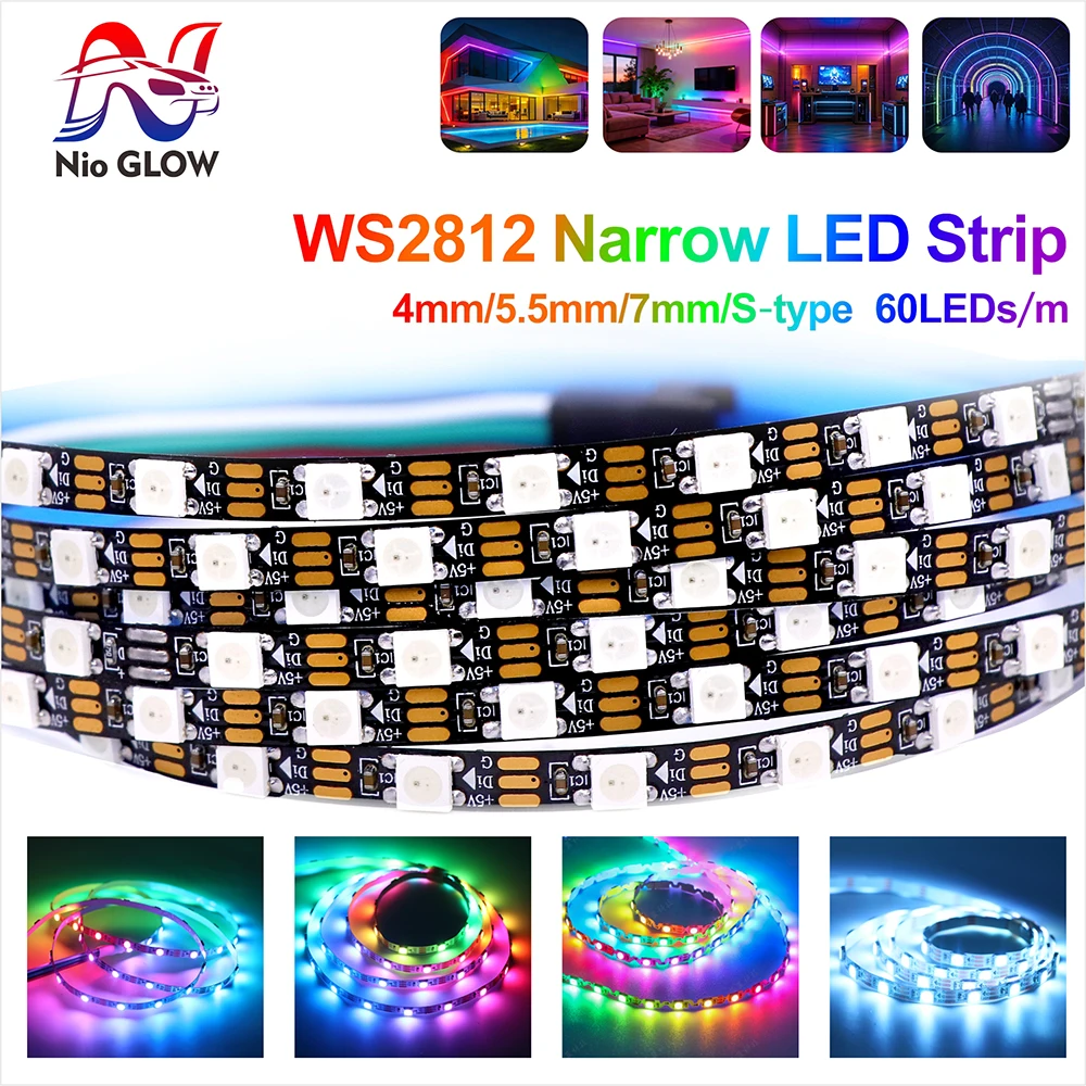 5V WS2812 RGB Narrow LED Strip 4.2mm 5.5mm S-Type 10mm Width 60LEDs/m Individually Addressable Dream Color Flexible Light for Si