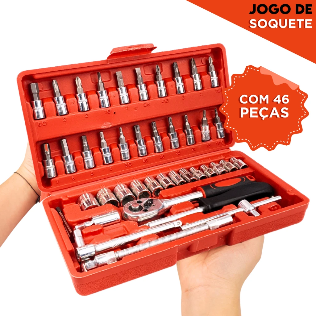 Jogo De Soquete 46 Peças 1/4'' Aço Crv Com Catraca Completo