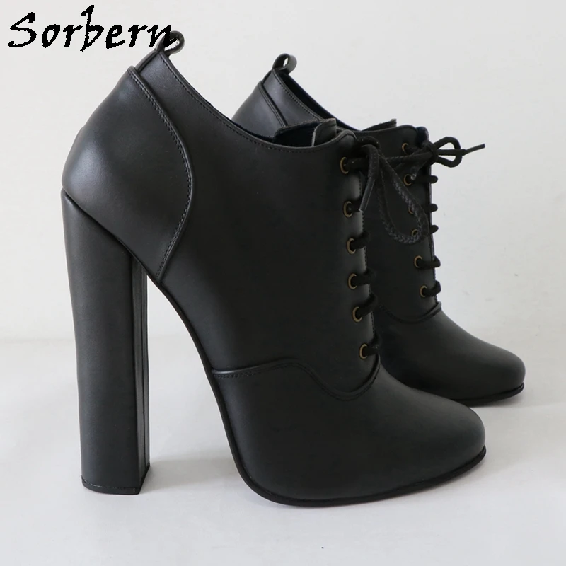 Sorbern Real Leather Pump Shoe Unisex Block High Heel Round Toe Lace Up Fetish Chunky Heeled Black 16Cm Shoe Custom Colors