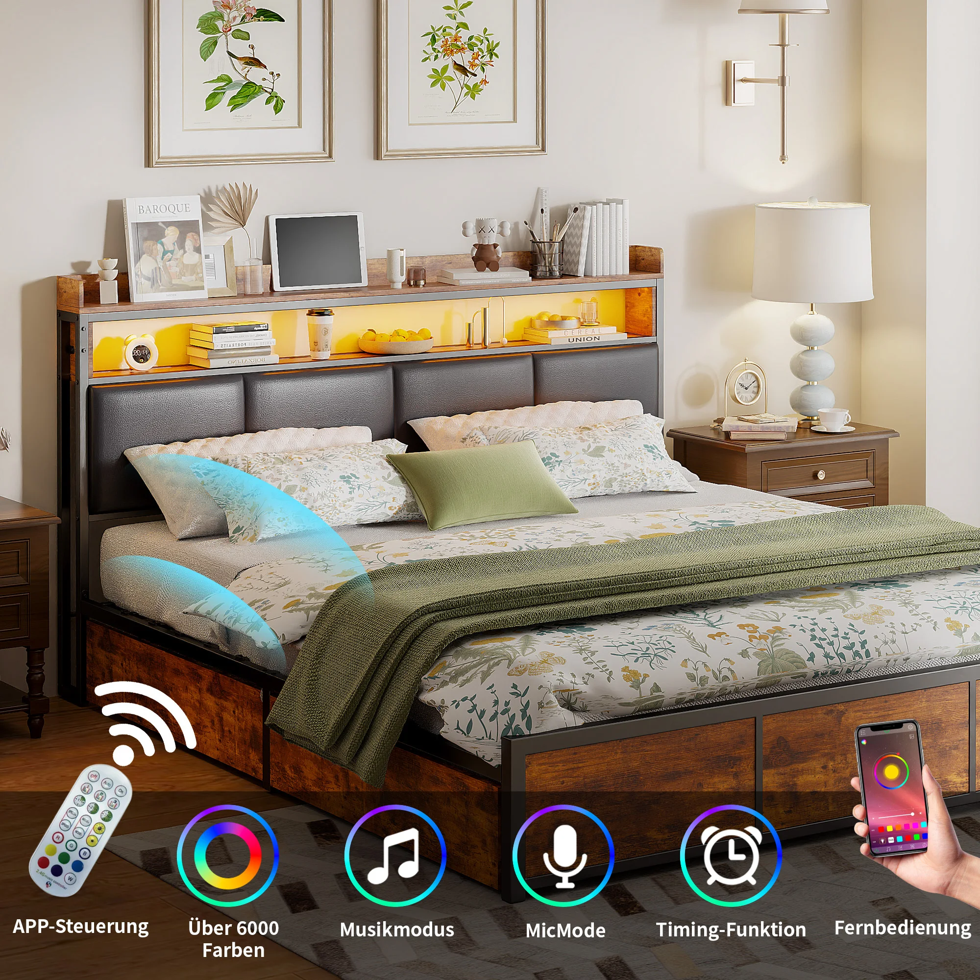 Letto Aura in legno con illuminazione a LED, stazione di ricarica e 4 cassetti, letto contenitore con testiera e rete a doghe, giroletto