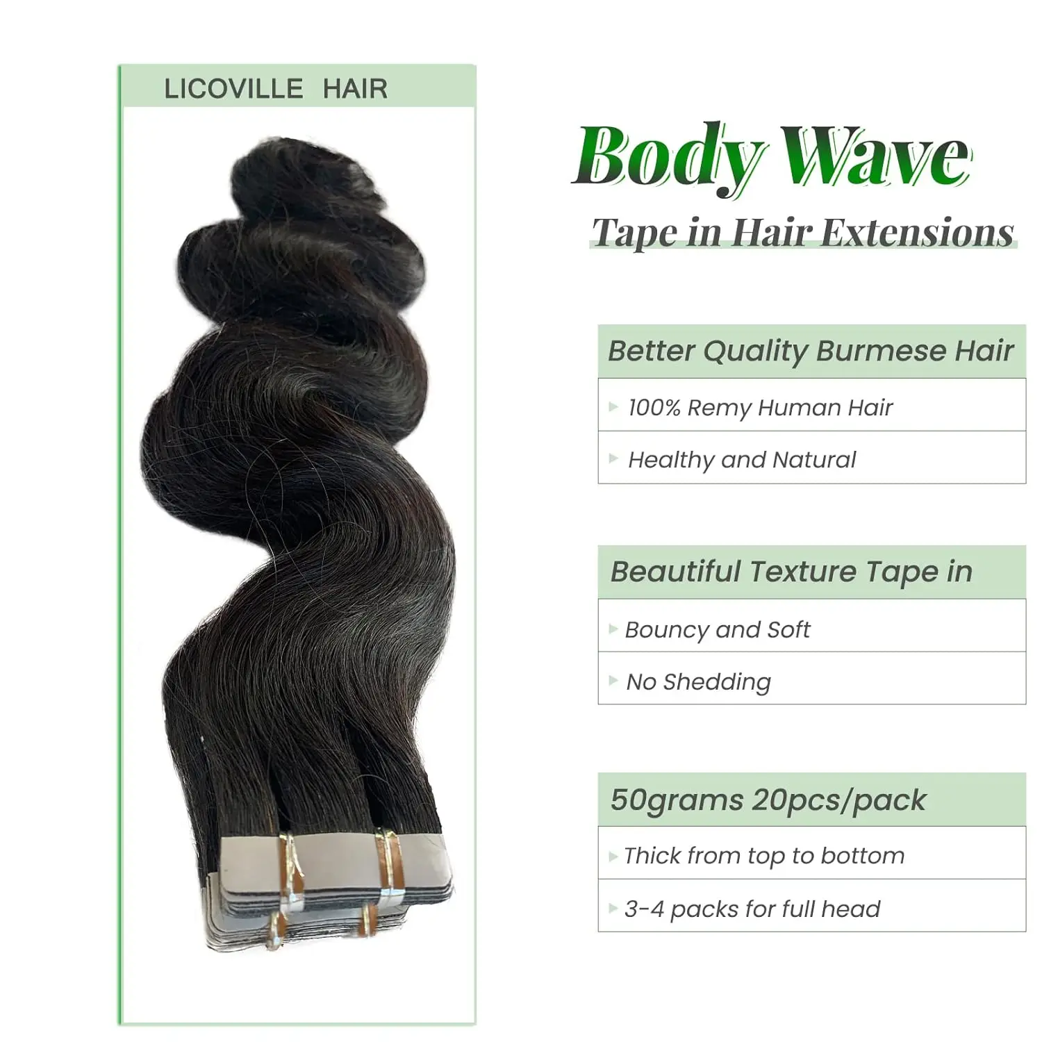 Body Wave Tape In Hair Extensions 50g 20pcs 100% Real Human Hair Natural Color Adhesive Glue On Extensions 26 Inch Black Women