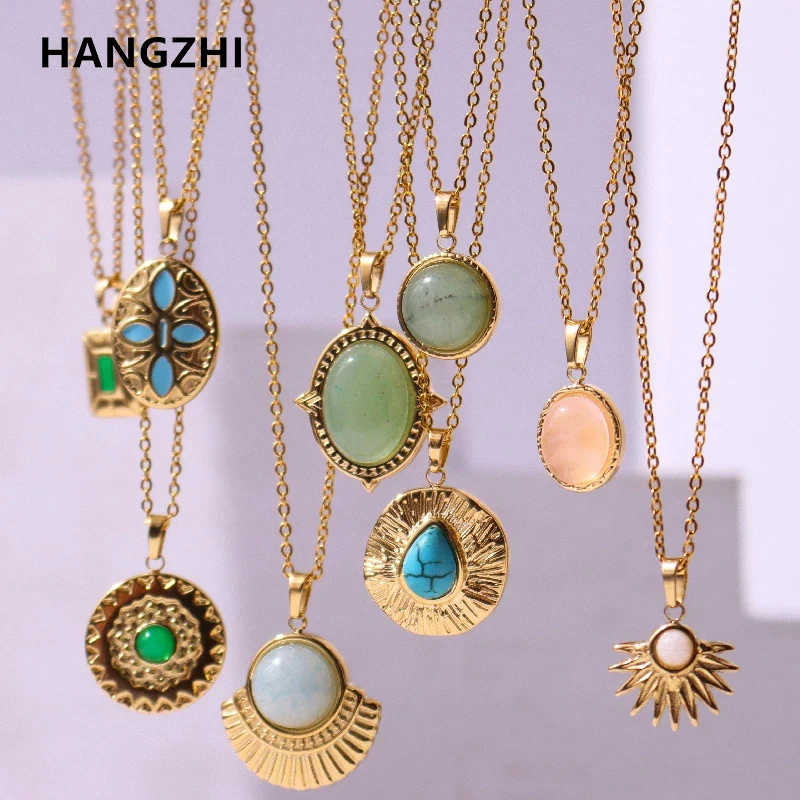 HangZhi 2022 Vintage Necklaces for Women Natural Stone Geometric Pendant Necklace Stainless Steel Jewelry Party Gifts