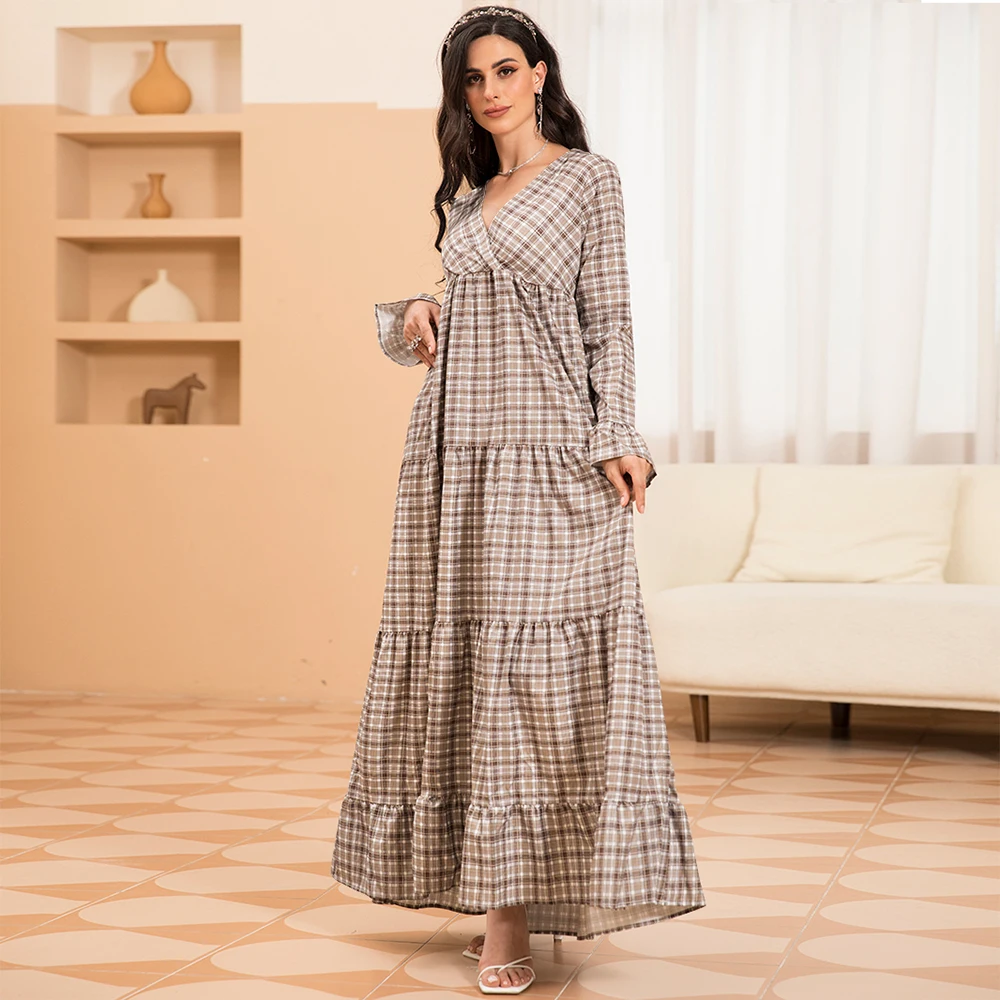 Elegant style V-neck Plaid Splicing Ruffle Flared sleeve Long Dresses