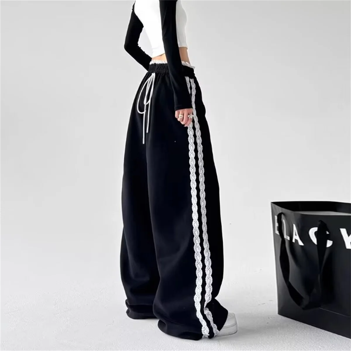Harajuku Splice Drawstring Sports Casual Pants Women's Lace Patchwork Loose Wide Leg Long Trousers Fall Style Straight Match