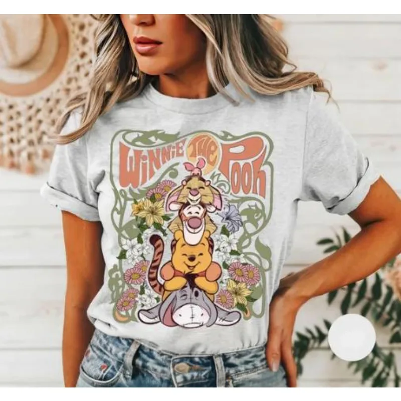 Dames Schattige Cartoon Winnie The Pooh Bedrukt Ronde Hals Lange Mouw Casual Losse Top Comfortabele Hoge Kwaliteit Ademend T-Shirt