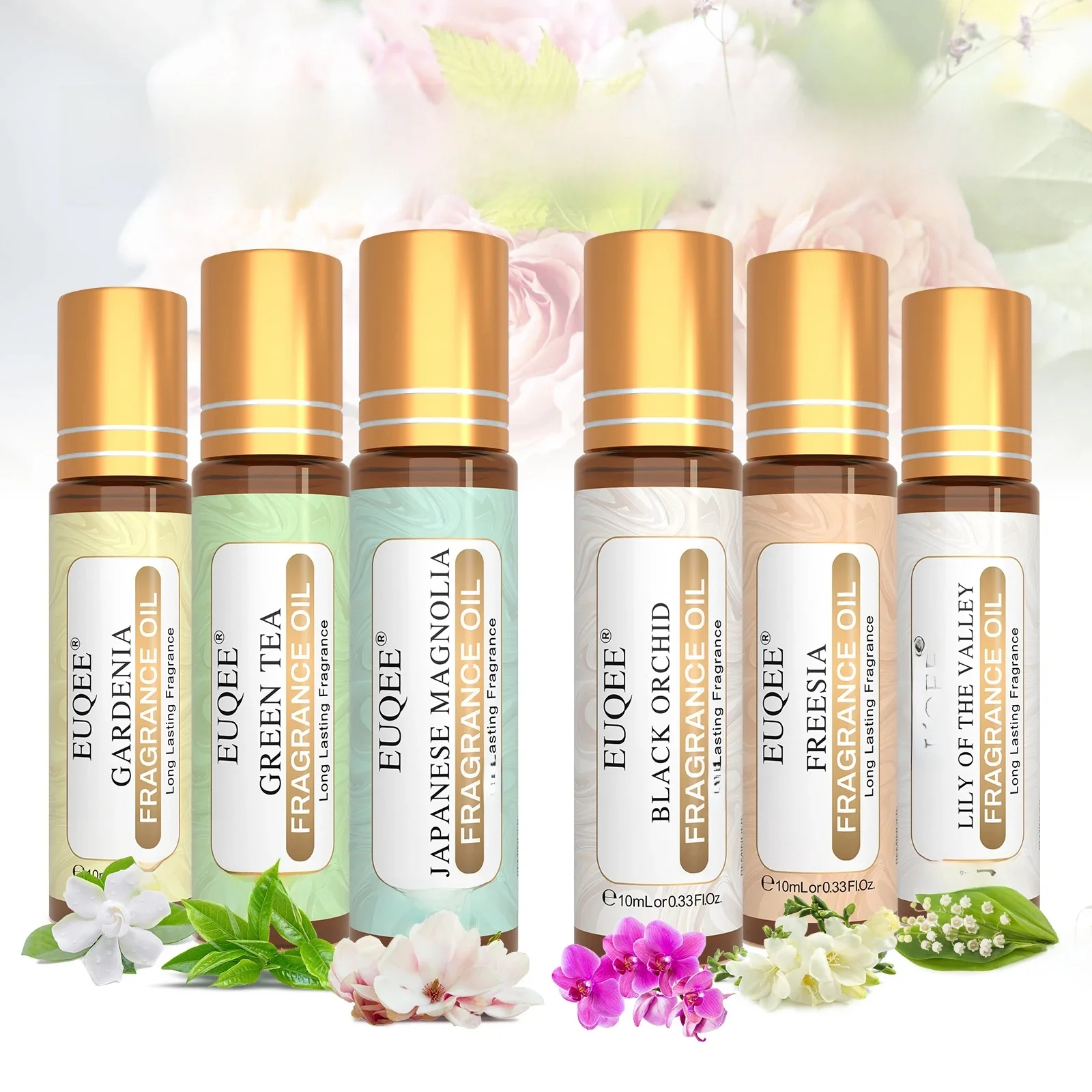 EUQEE 6-teiliges Duftöl-Set der Blumenserie – 10 ml, japanische Magnolie, schwarze Orchidee, Gardenie, grüner Tee, Freesien, Maiglöckchen