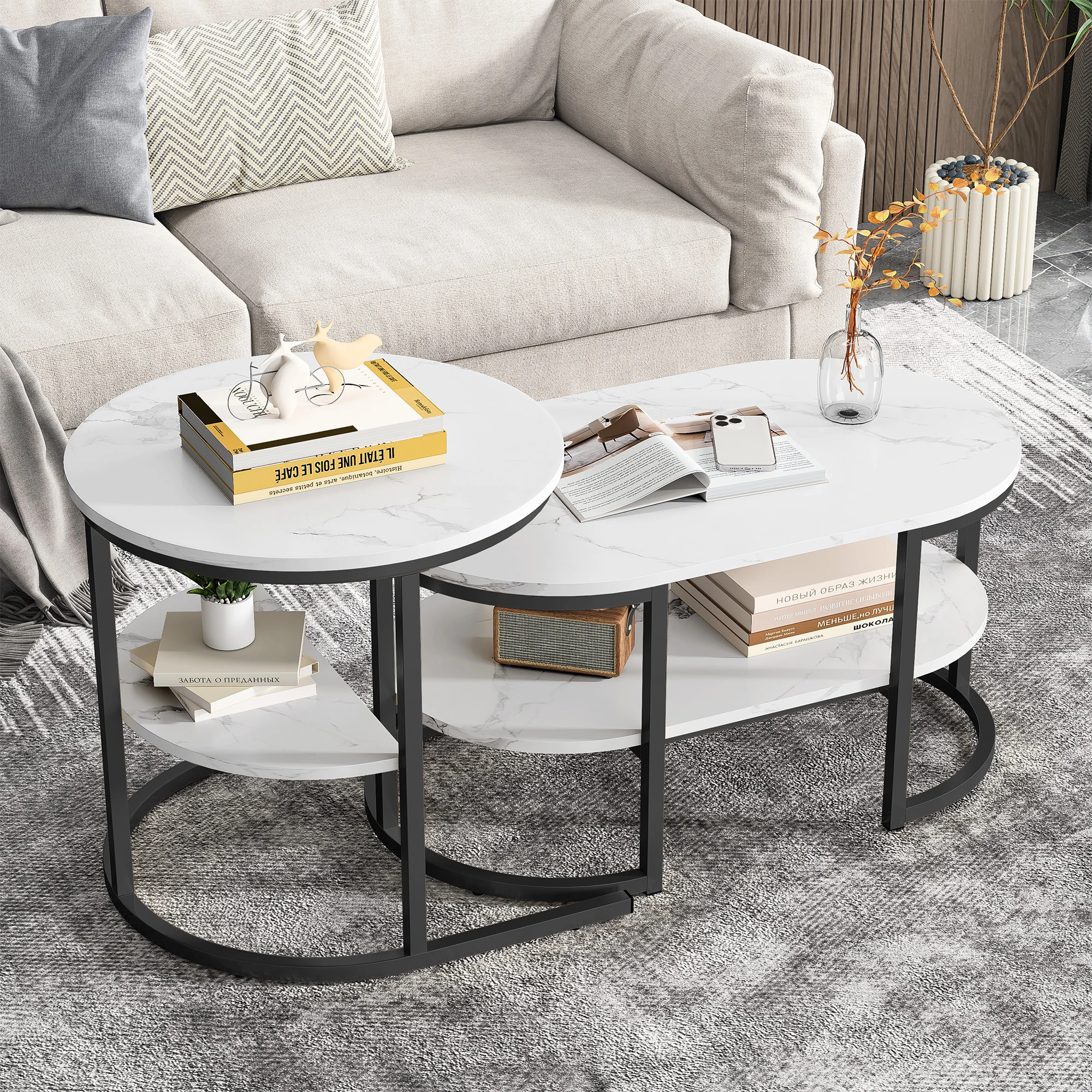Anajqaqia 80×46×41 cm 2-teiliges Satztisch-Set, Beistelltische mit Ablagefächern, moderne Wohnzimmer- und Schlafzimmermöbel