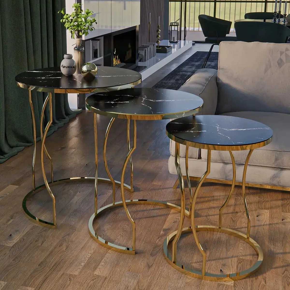 Luxury Nesting Tables Set of 3 Gold Leg Marble Patterned Unbreakable Glass 3Pcs Nordic Coffee Tables for Living Room Furniture