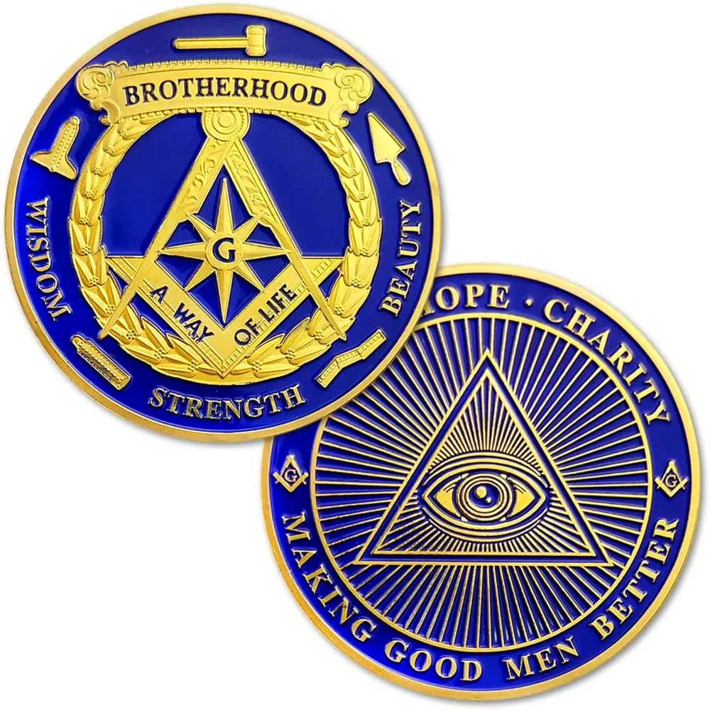 

Masonic Challenge Coin Brotherhood Freemasons Gold Blue Freemasonry Coin