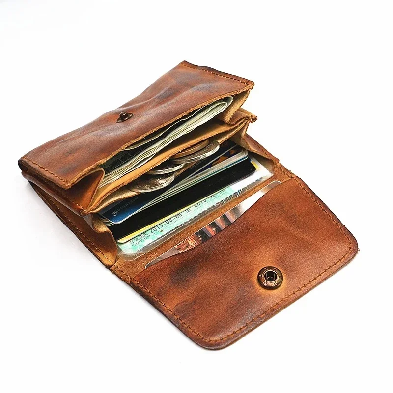 Portfel z prawdziwej skóry dla mężczyzn, kobiet, marki Vintage, ręcznie robione, krótkie, małe portfele męskie, etui na karty, oryginalna skórzana portmonetka — zdjęcie 2