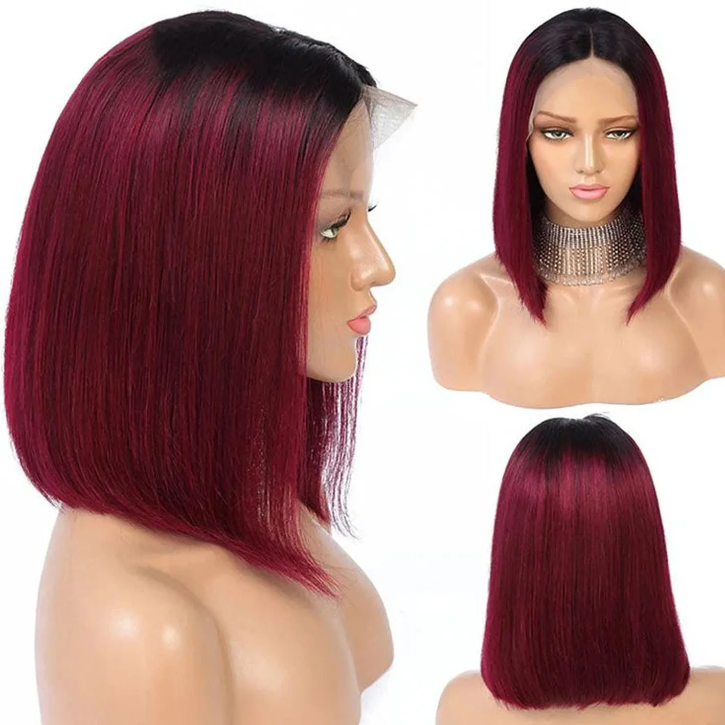 

Straight #99J Burgundy Bob Human Hair Tranaparent Lace Closure 180% Density Wig 100% Human Hair Pre Plucked With Baby Hair Wigs