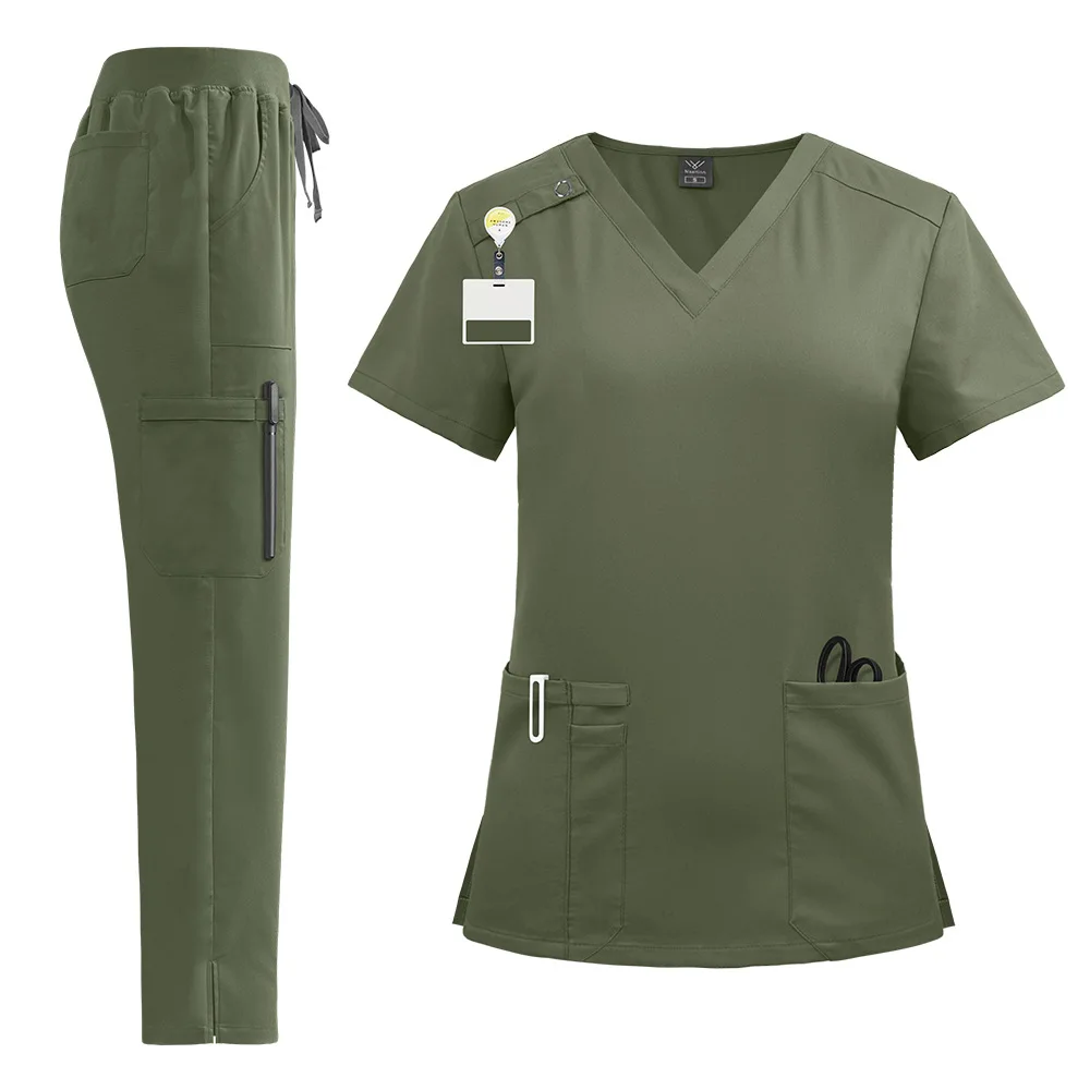 Unisex Werkkleding Past Arts Verpleegkundige Uniformen Korte Mouw V-Hals Tops Zak Nurse Scrubs Set Medische Klinische Kleding