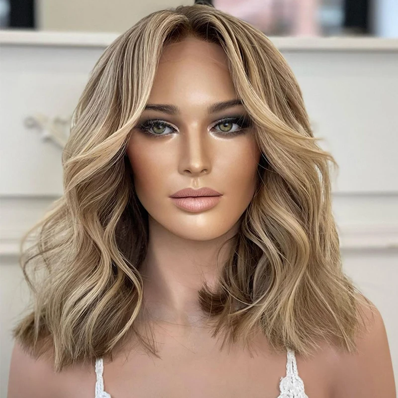 

13x4 Short Body Wave Lace Front Wig Brown Blonde Highlight Synthetic Hair Wigs For Women Pre Plucked Virgin HD Lace Frontal Wig