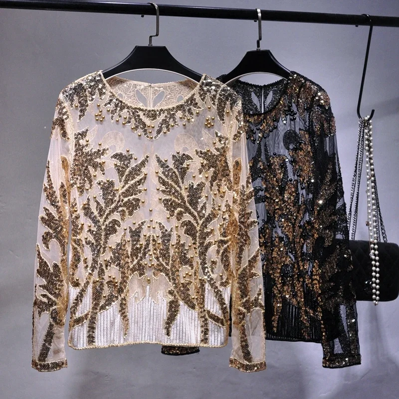 Seksowna cekinowy haft róża koszulka w kwiatki błyszczące przezroczysta gaza ciężkie bluzki z koralikami blusa camisa luksusowe imprezowe topy do klubu — zdjęcie 2