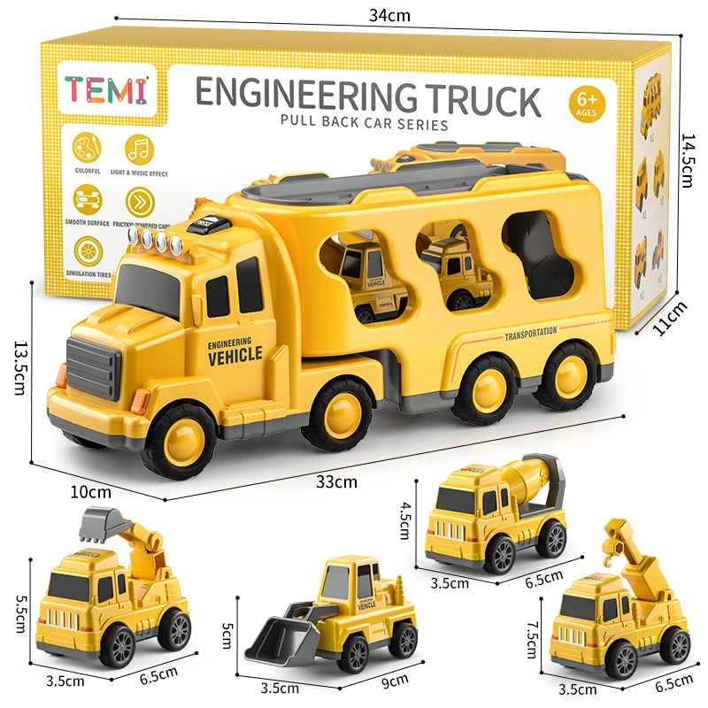 Temi diecast brinquedos de caminhão transportadora carros veículos de engenharia escavadeira bulldozer modelo de caminhão conjuntos crianças meninos educacionais para brinquedos