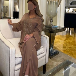 Fairytale V-Neck Prom Dresses Applique Floor-Length Full Sleeves Brown Wedding Party Beaded Sequins Fork Women 2023