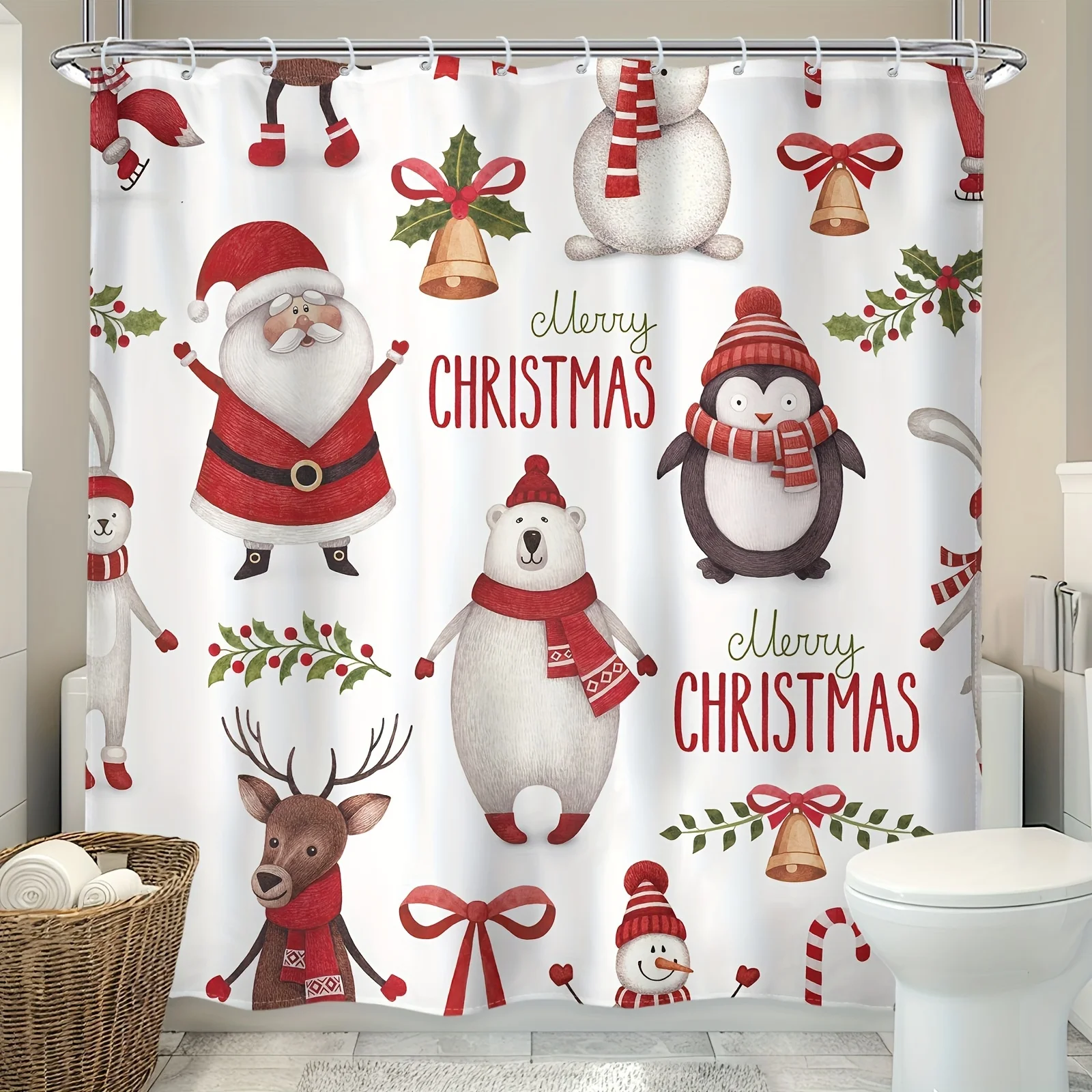 Rosa Weihnachten Duschvorhang Schneemann Weihnachtsbaum Neujahr Geschenk Polyester Stoff Home Bad Vorhänge Badezimmer Dekor mit Haken – Detail 1