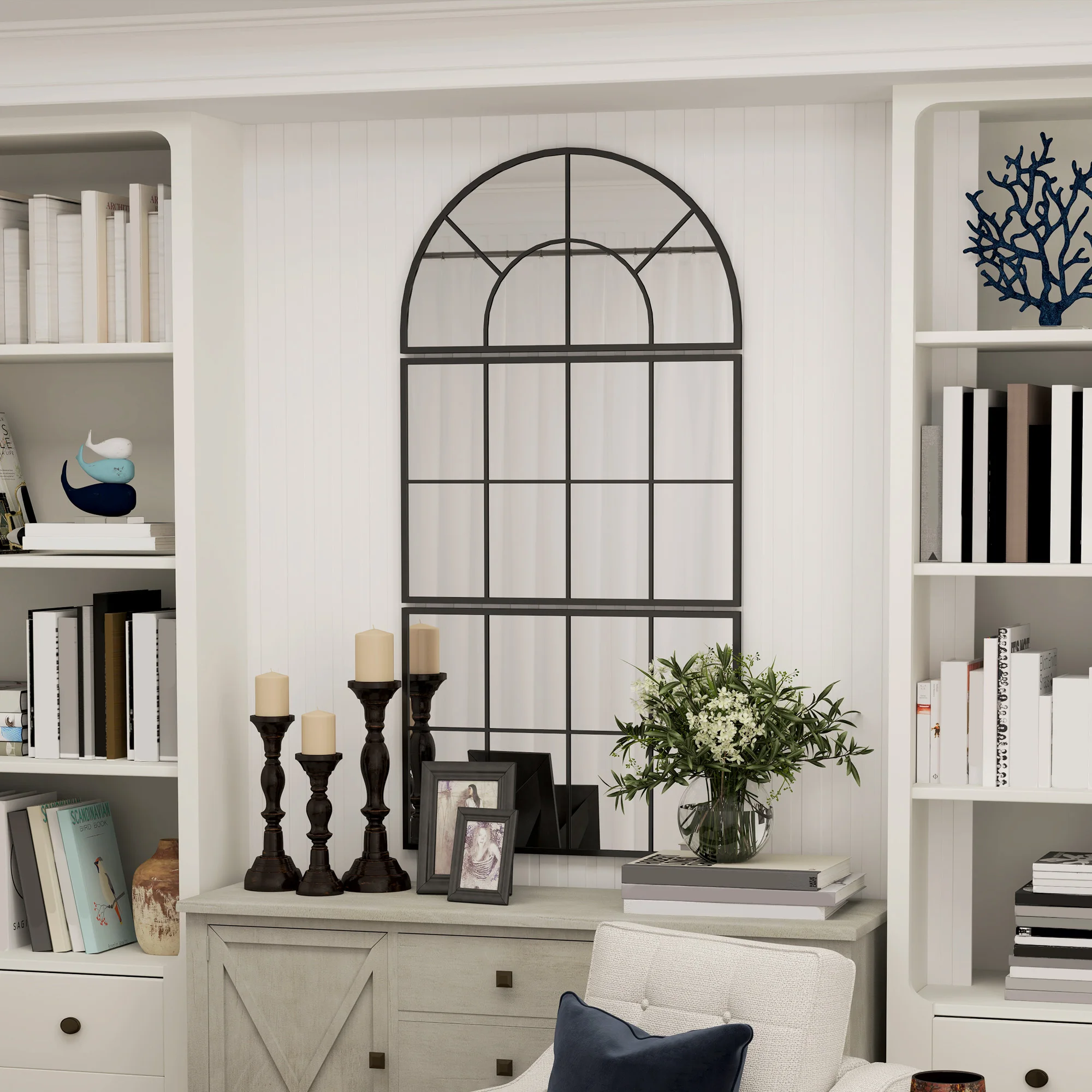 Dekorativer Wandspiegel im Bogen-Design, Fensterstil-Gitterdesign-Spiegel, Ideal für Wohnzimmer, Flur, Eingangsbereich & Schlafzimmer, Stilvolle Wanddekoration