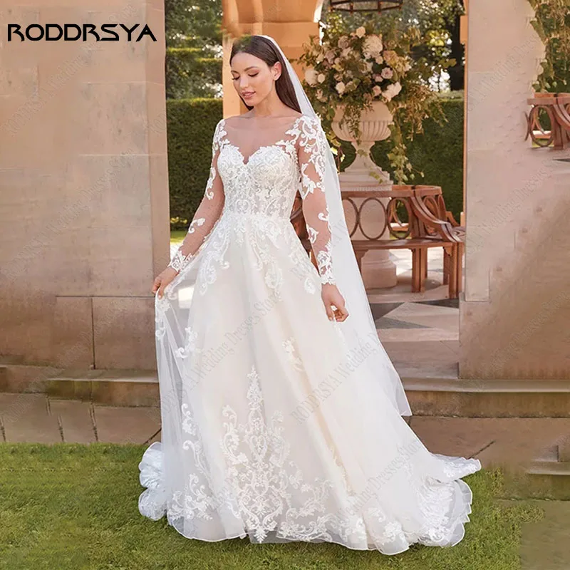 RODDRSYA-vestidos De novia con cuello redondo, apliques De botones, Espalda descubierta, encaje bohemio, manga larga, fiesta De novia vestidos De novia con cuello redondo, apliques De botones, Espalda descubierta, enca