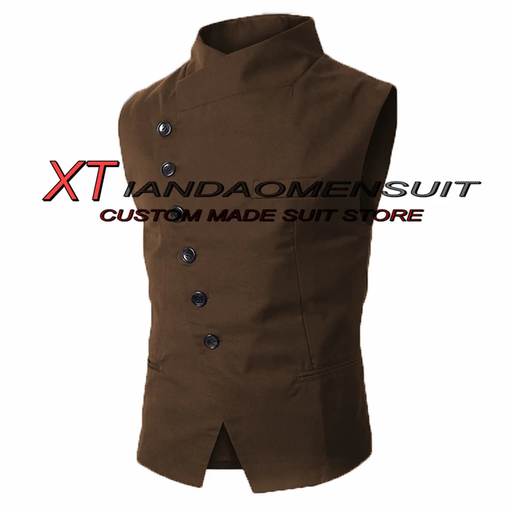 Men\'s Suit Vest Stand Collar Steampunk Sleeveless Jacket Male Wedding Groom Vests Retro Slim Fit Waistcoat