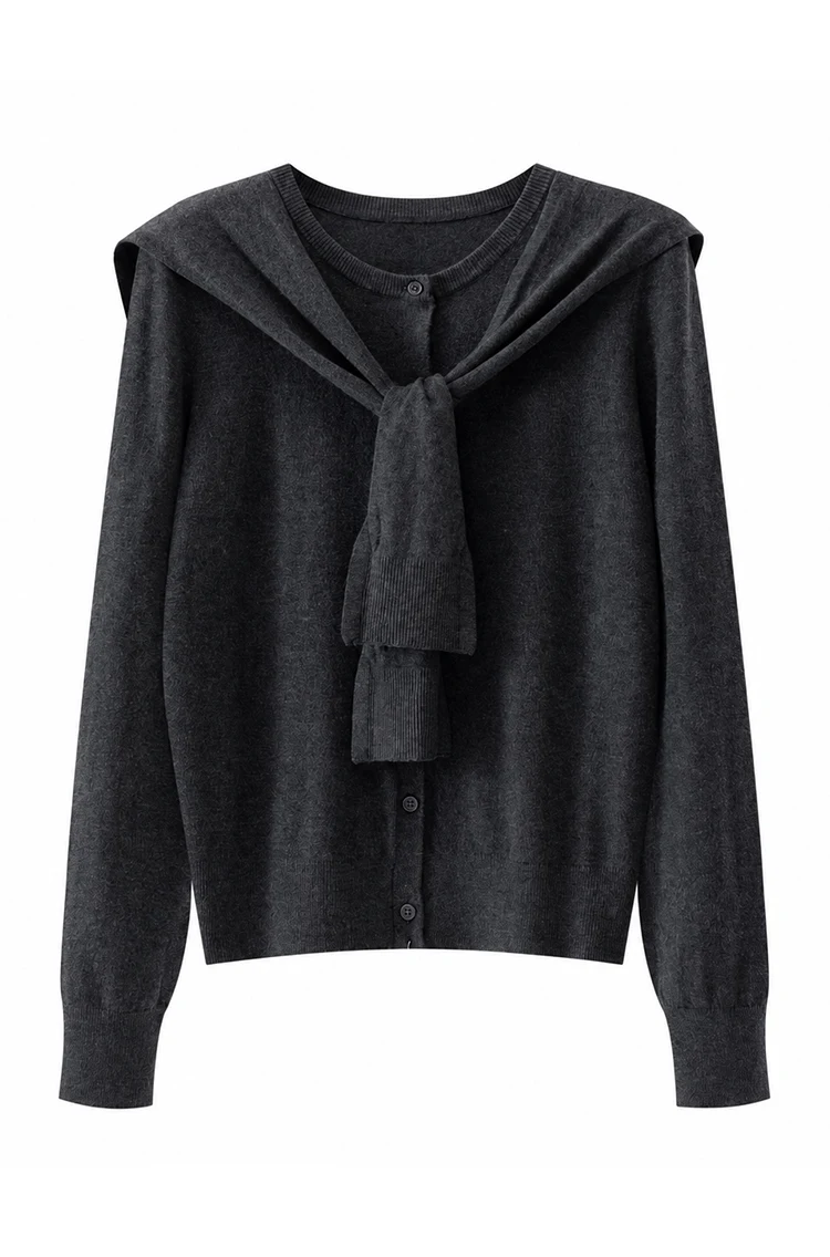 MZ62030 Damen-Strickjacke aus Kaschmir-Modal-Mischung, Langarm, Rundhalsausschnitt, Knopfverschluss, mit abnehmbarem, drapiertem Schultertuch – Detail 12